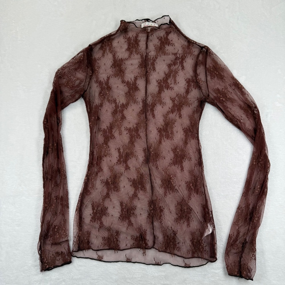 Sweet Generis Womens Brown Sheer Floral Lace Mock Neck Long Sleeve Top Large